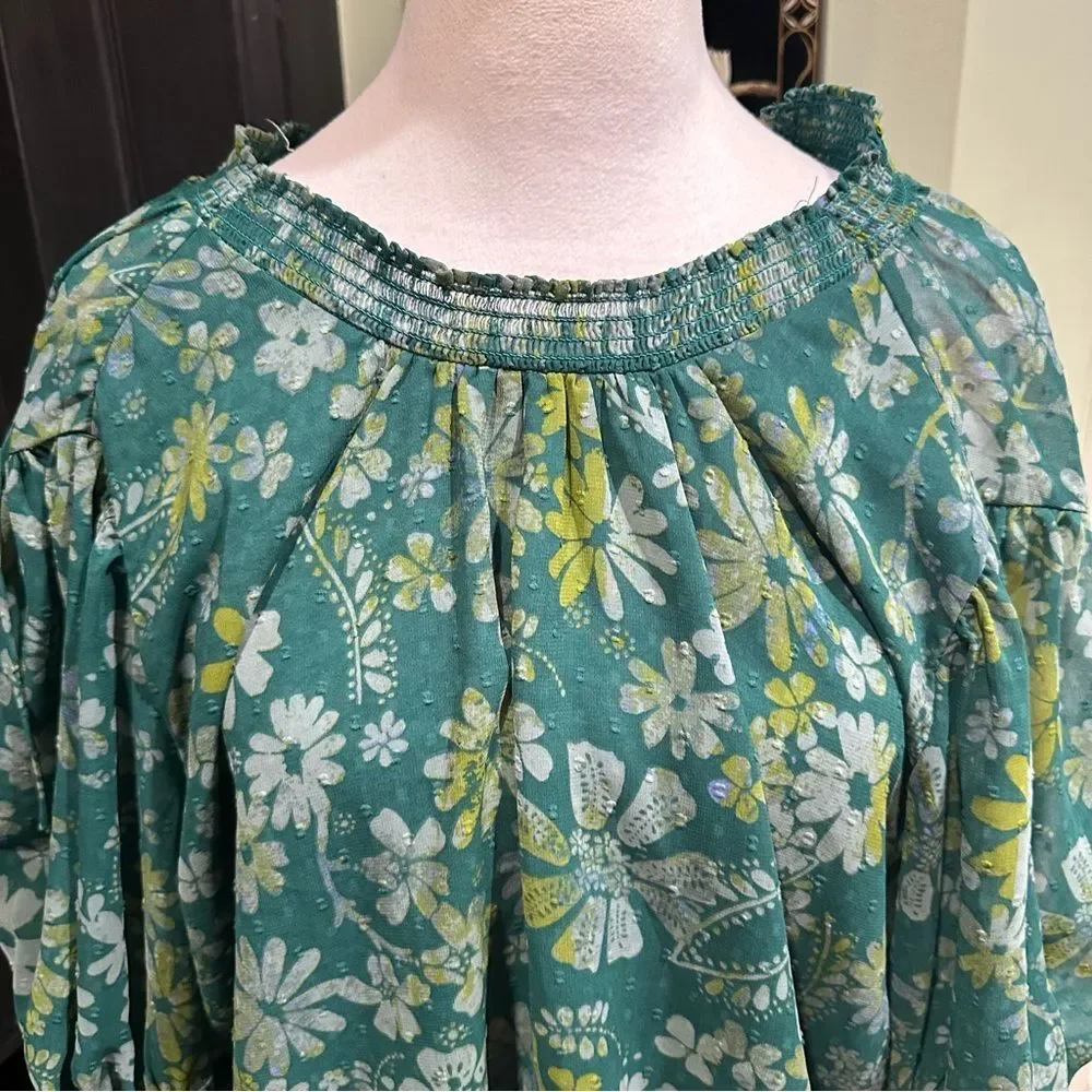 Free People Green Floral Peasant Blouse Balloon Sleeve Boho Top – Size XS